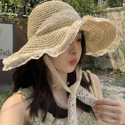Big Brim Sun-proof Straw Hat Female Summer Seaside Breathable Lace Up