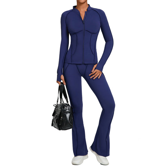 Womens Patchwork Zip Up Long Sleeve Top And Pants Set