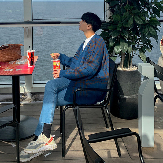 Plaid Sweater Korean Version Knitted Sweater Cardigan Men's Coat