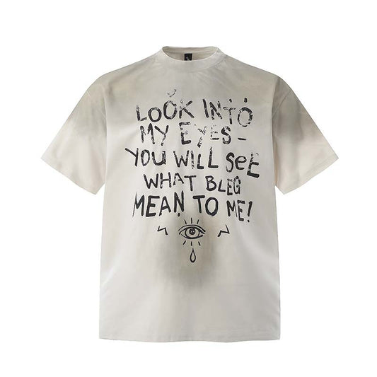 Retro Graffiti Letter Eye Printing Spray Painting Dirty Short Sleeve