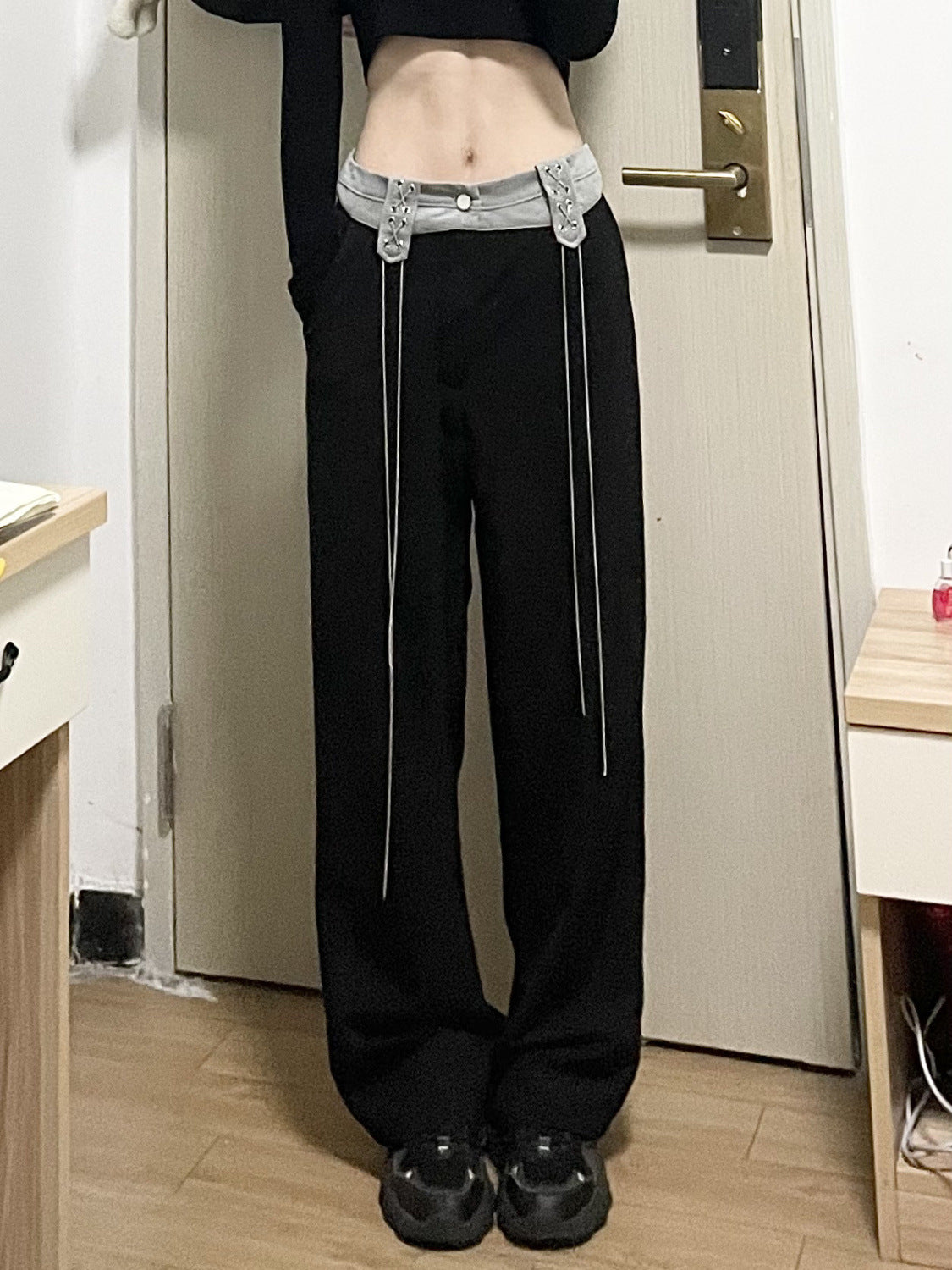 Retro Splicing Clash Color High Waist Wide Leg Straight Pants Women