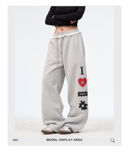 Vintage Lace Sweatpants Loose Straight Trousers Casual Women