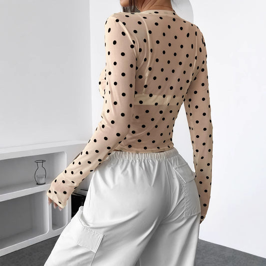 Design Sense Gennemsigtig Prikket Slank Mesh Rundhalset Langærmet T-shirt