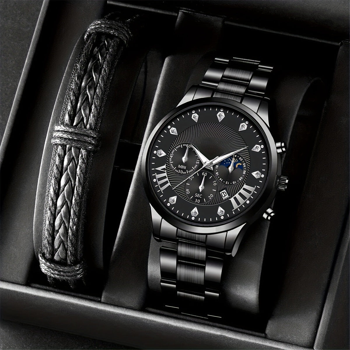 Diamond Men's Steel Strap Watch Sun Moon Star Calendar Quartz