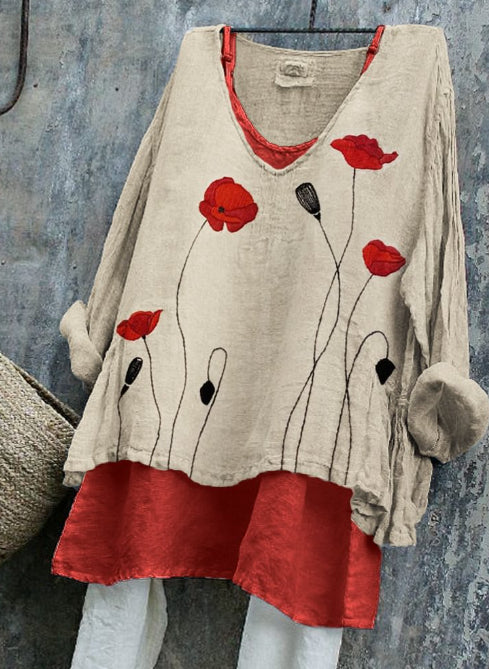 Classy Poppies Pattern Linen Long-sleeve Top