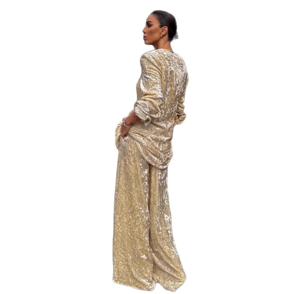 Women's Elegant Fashion Khaki Velvet Coat Two-piece Set