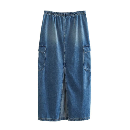 V-neck Sleeveless Vest Elastic High Waist Slit Skirt Denim Suit
