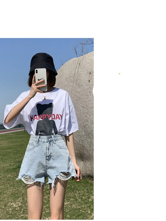 High Waist Ripped Denim Shorts Women's Personality Print