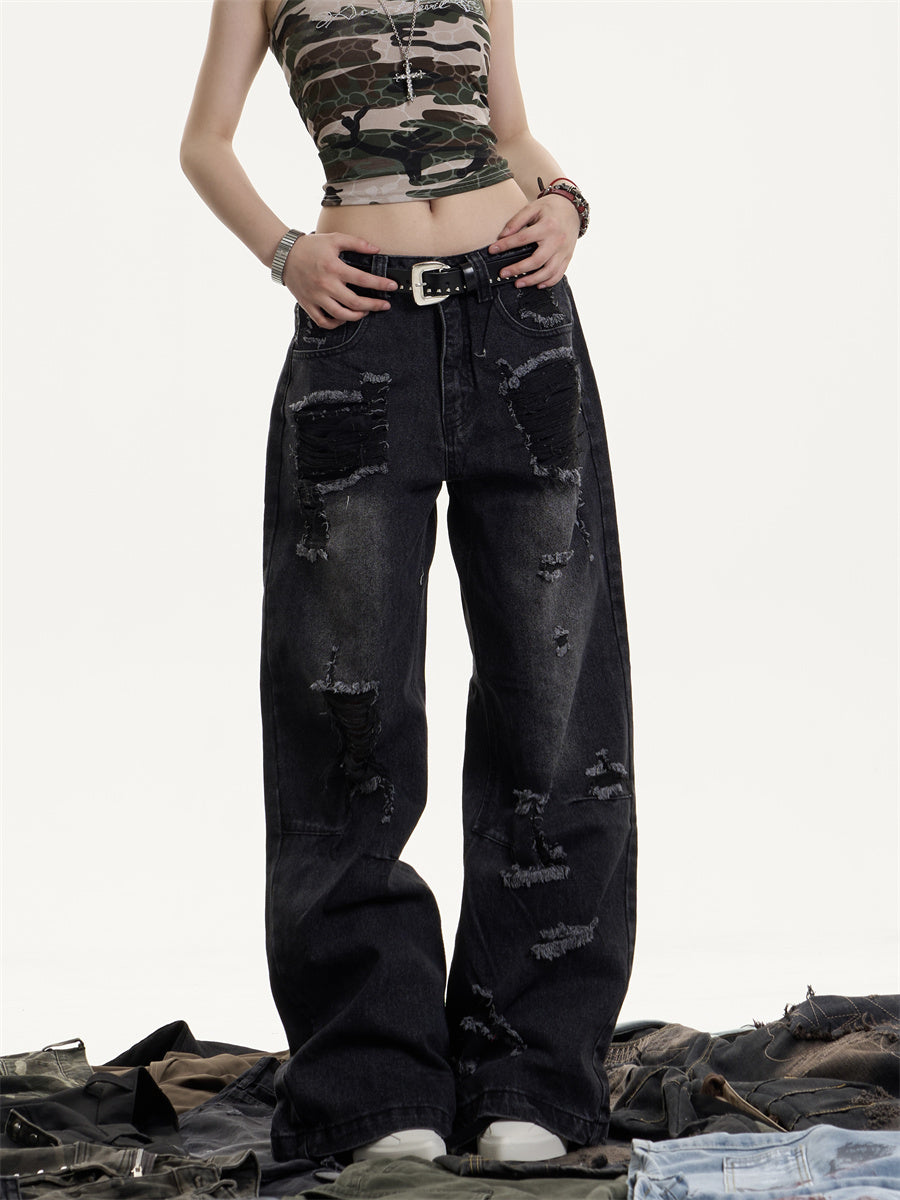 American Retro Washed Make Old Ripped Jeans Women's High Waist Loose Drooping