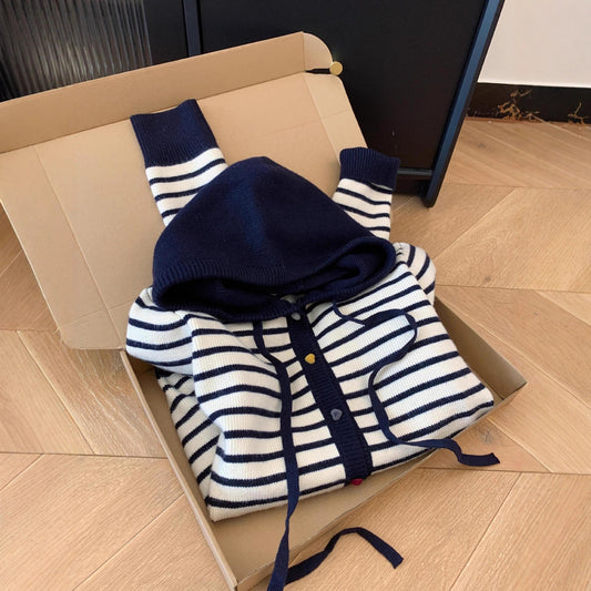 Hooded Color Buckle Knitted Cardigan Loose Western Style Striped Hooded Top