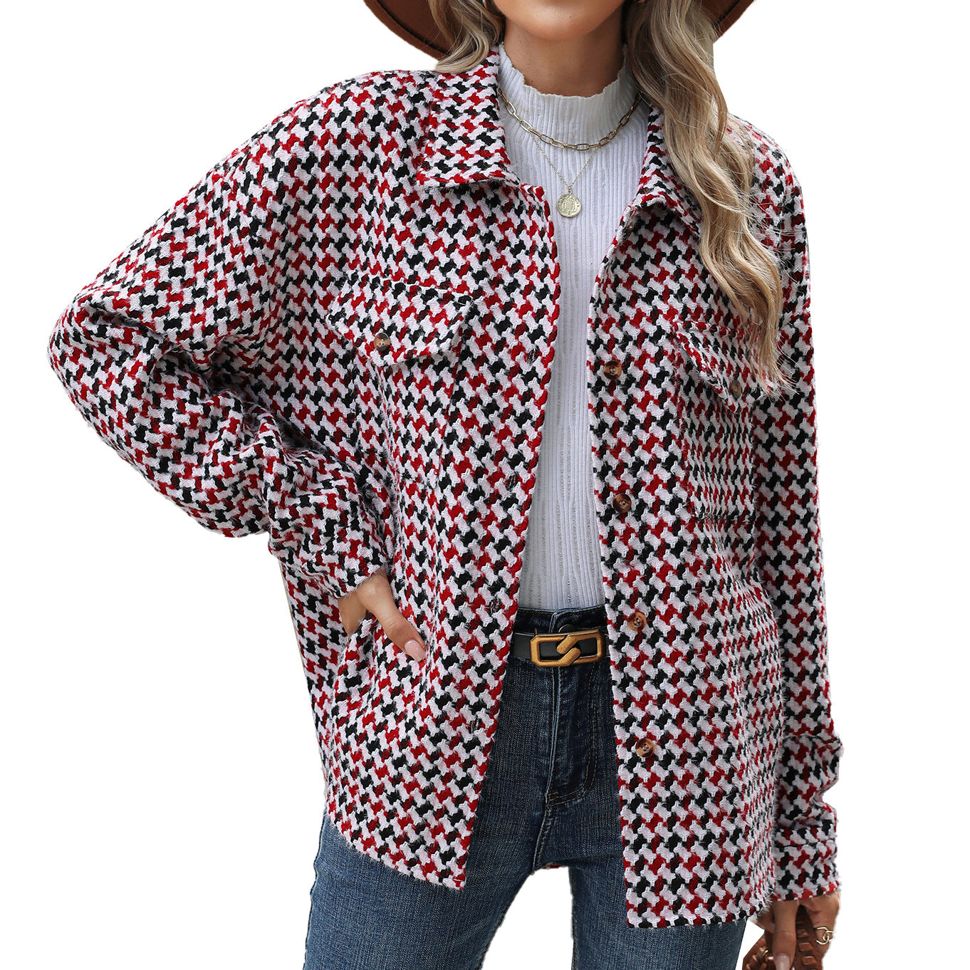 Lapel Plaid Multi-button Long Sleeve Loose Woolen Coat