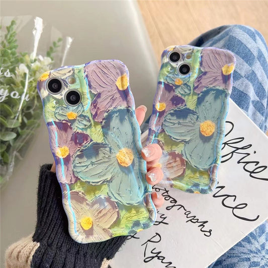 Retro Oil Painting Phone Case Blu-ray Flowers Shockproof Case For13 12 13pro 14pro 13 Pro Max Silicone Phone Cover