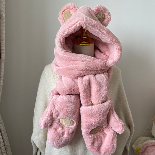 Hat And Scarf All-in-one Set Warm Three-piece Set