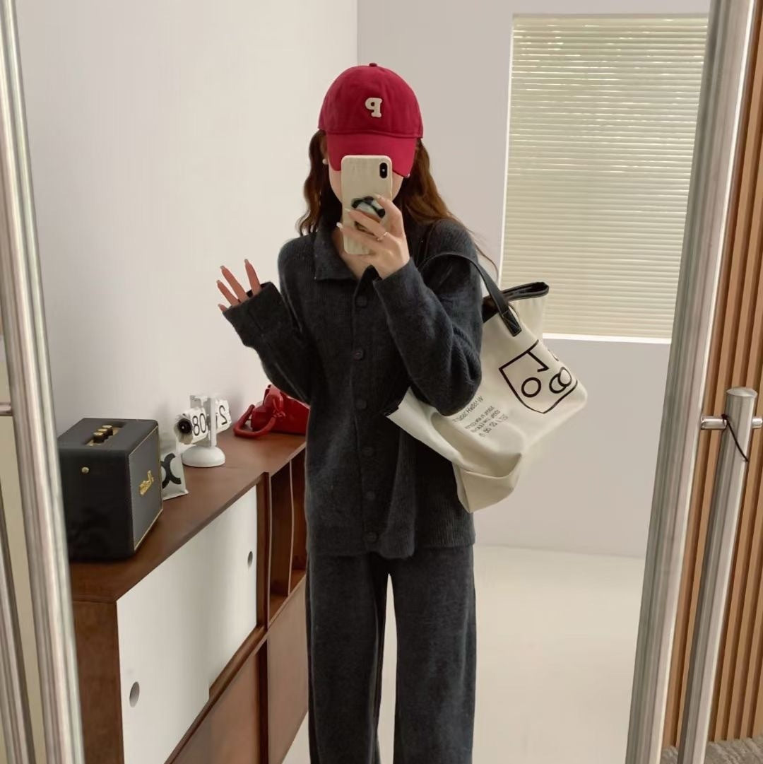 Knitting Suit Women's Half Turtleneck Single-breasted Coat High Waist Wide Leg Pants Fashion