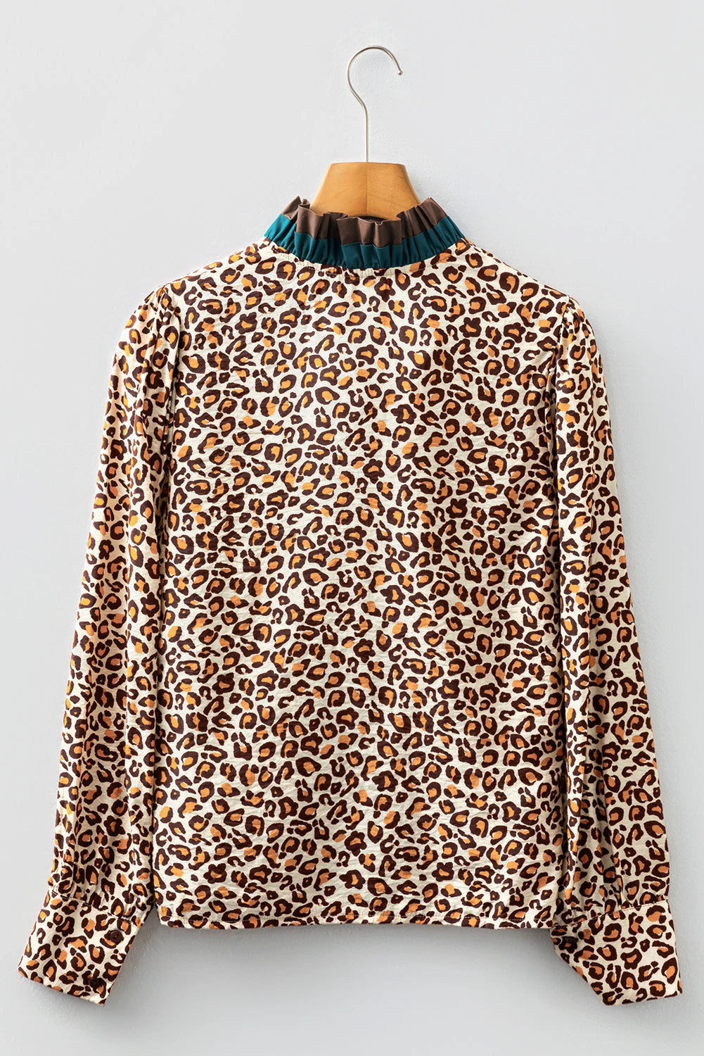 Brown Leopard Print Contrast Frilled Trim Button Down V Neck Shirt