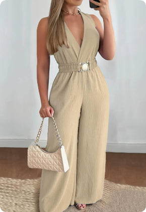 Slant Pockets Solid Color Sexy Loose Elastic-Waist Wide-Leg Pants
