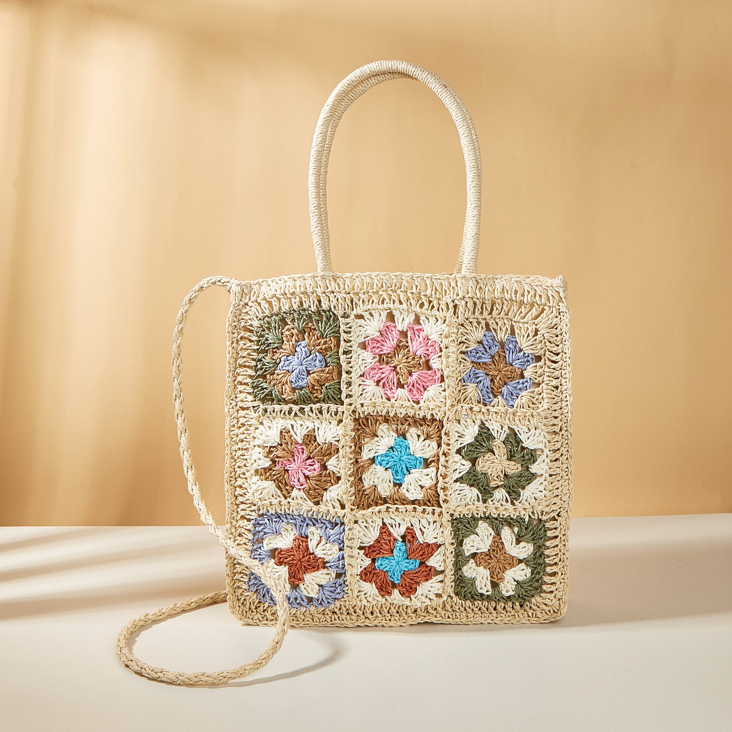 Splicing Braided Straw One Shoulder Portable Checkered Bag