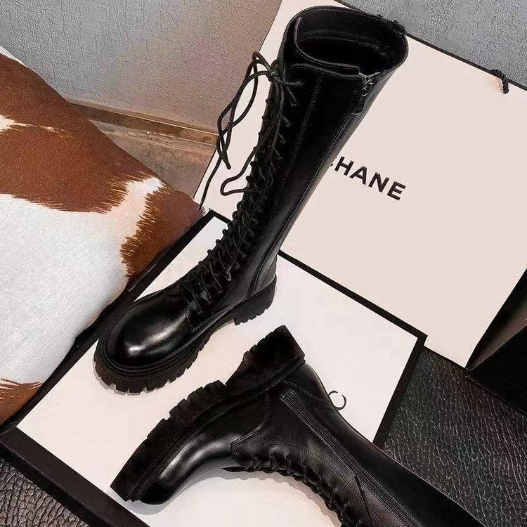 Women's Black Below The Knee Thickened Martin Boots