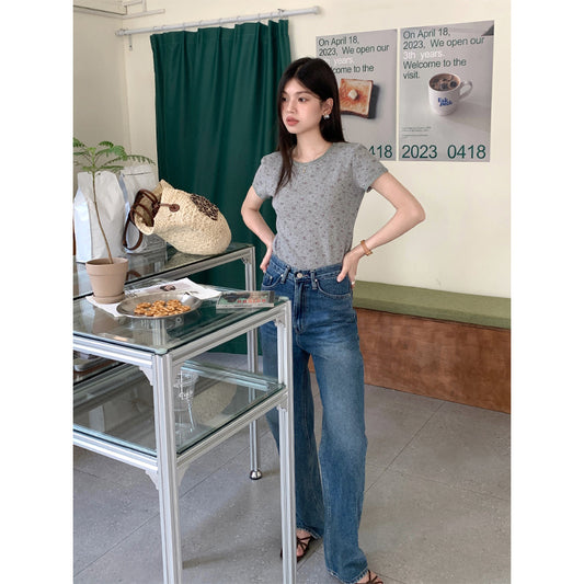 Floral Lace-collared Blouse Loose Round Neck Slim-fit Short Sleeve