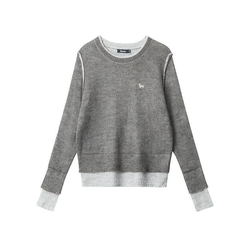 Pullover New Round Neck Stitching Design Knitted Sweater Long Sleeve