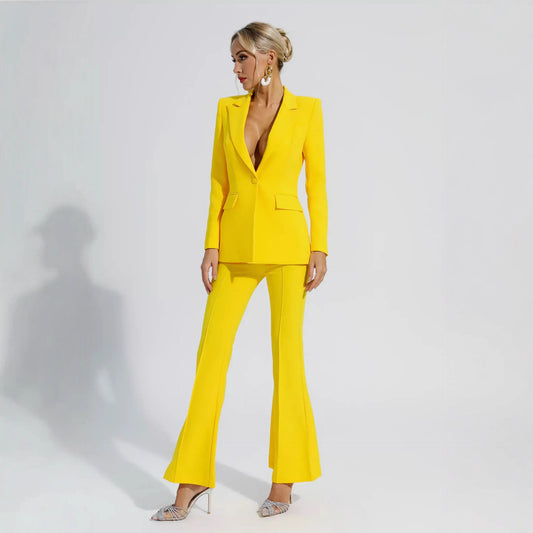 Solid-Color Casual Slim-Fit Flare Long-Sleeve Pantsuit