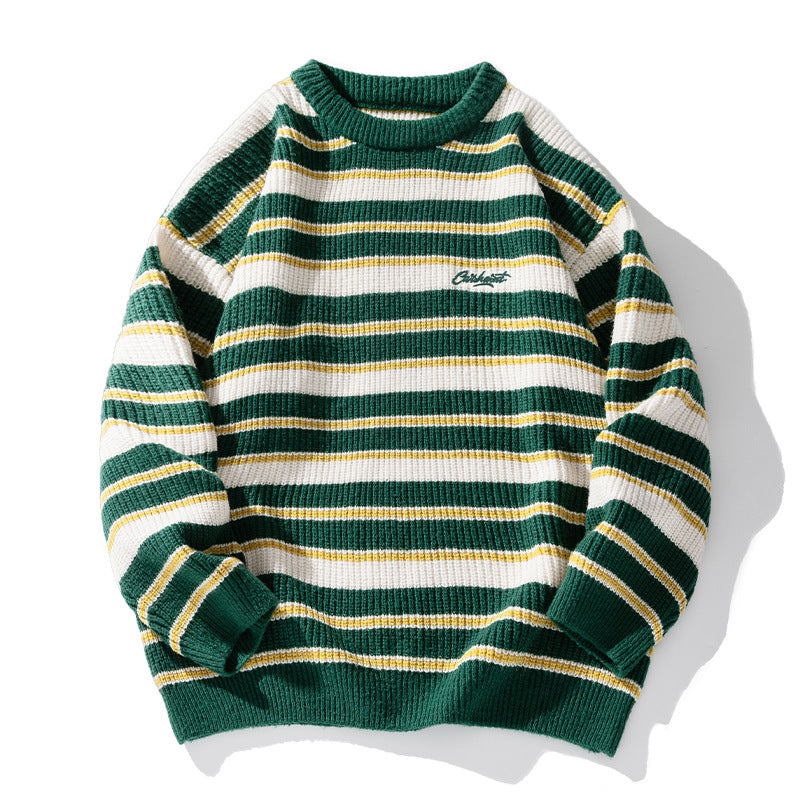 Striped Heavy Thick Needle Sweater Men's Couple Retro Contrast Color Japanese Style