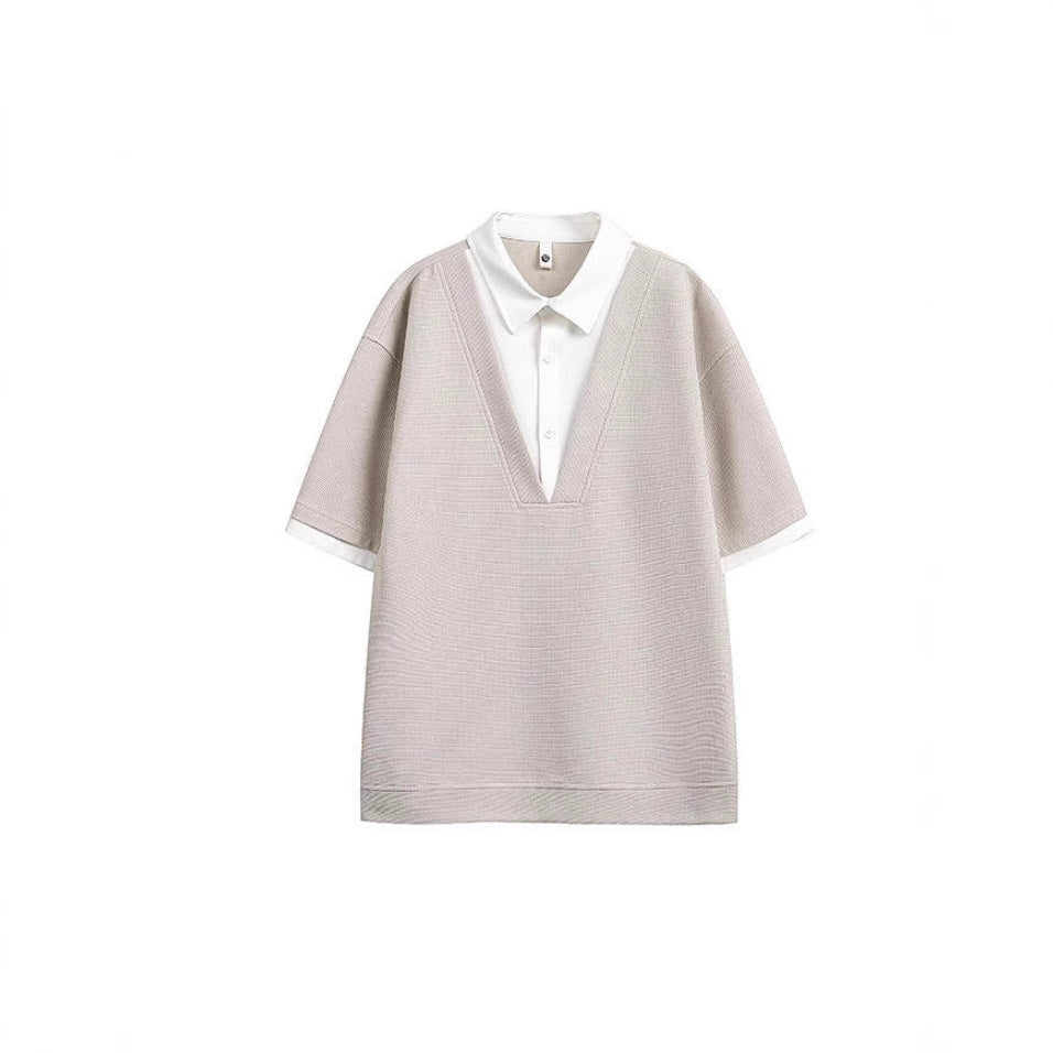 Men's False Two Pieces Shirt Collar Color Matching Short Sleeve T-shirt