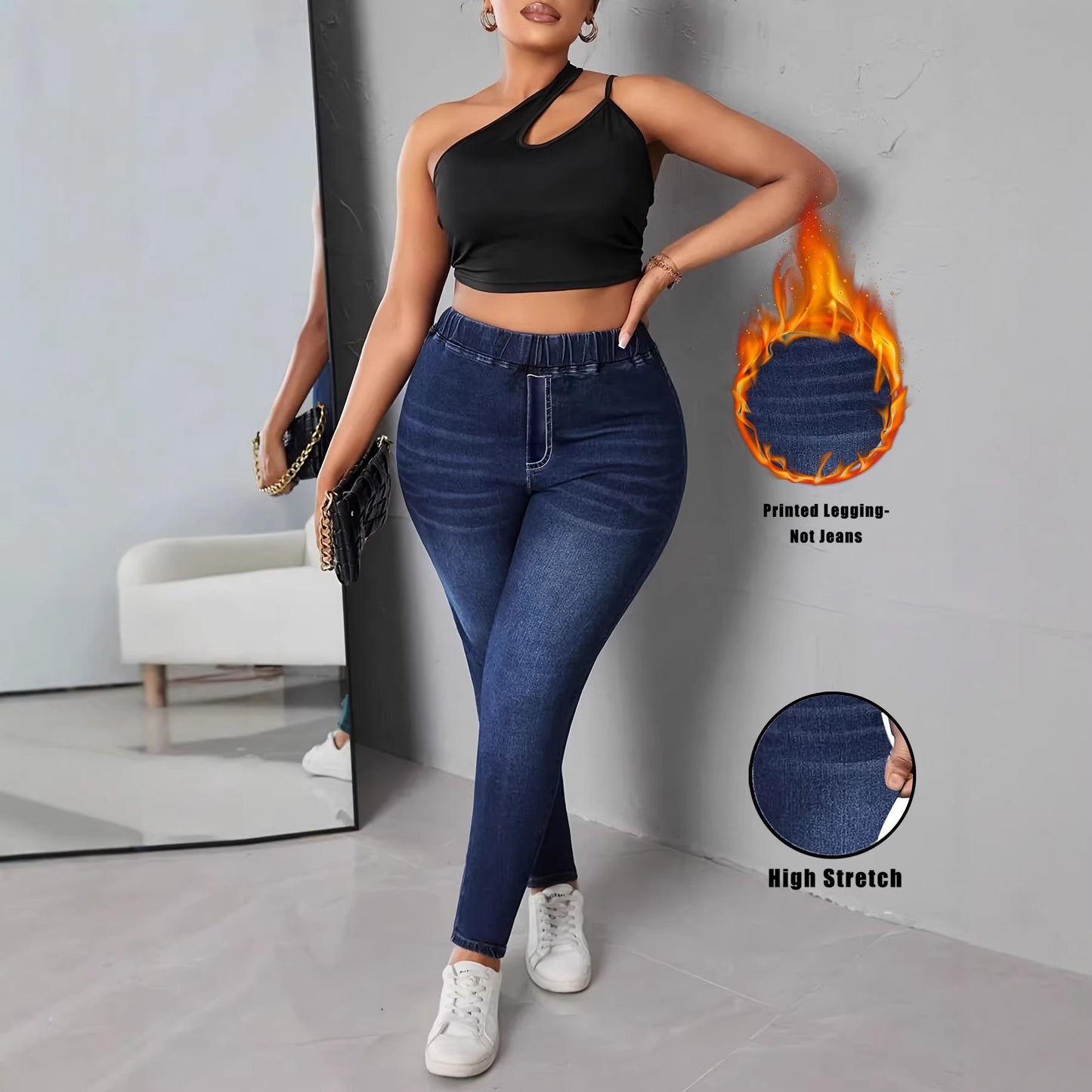 Womens High Elasticity Printed Denim Leggings