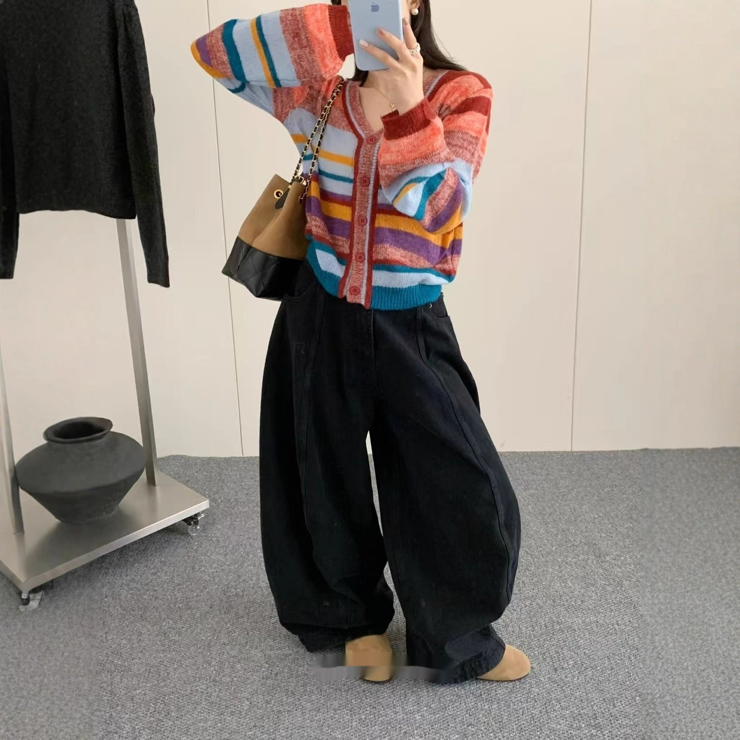 Women's Rainbow Knitted Cardigan Women's V-neck Sweater