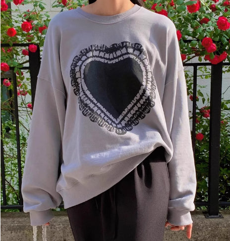 Temperament Crew Neck Heart Printing Design Loose And Lazy Style Versatile Long Sleeve