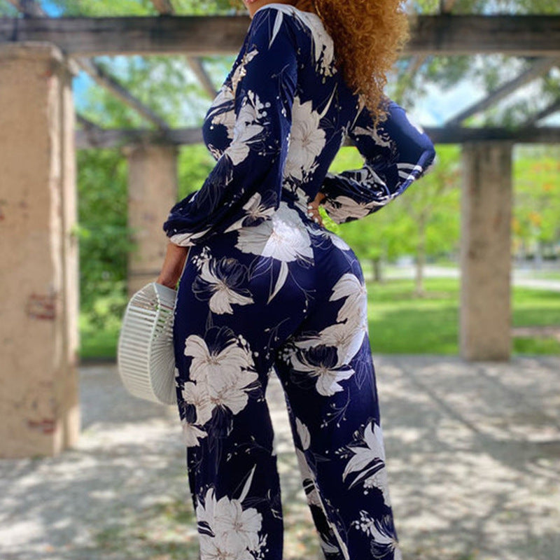 Fashionabel V-udskæring, Lange Ærmer, Løs Pasform, Brede Ben, Printet Jumpsuit