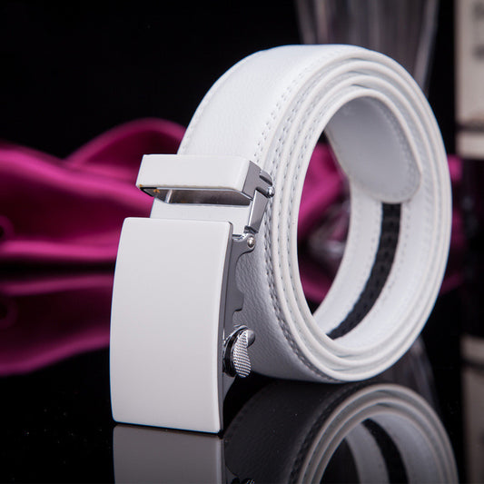 Men's Leather Belt Alloy Automatic Buckle White Belt