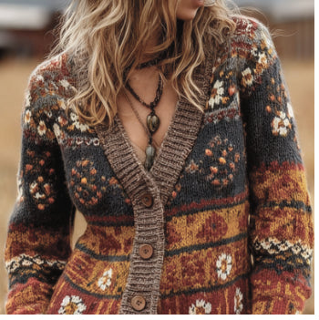 Womens Casual Versatile V-neck Long-sleeve Loose-fit Sweater Jacket