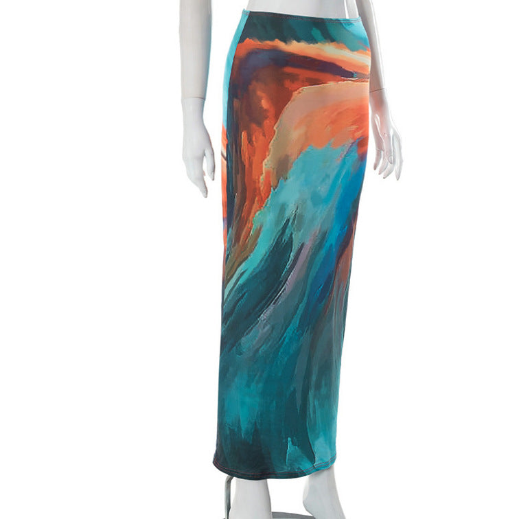 Casual Painted Print Bare Midriff Slim Fit Sheath Long Skirt
