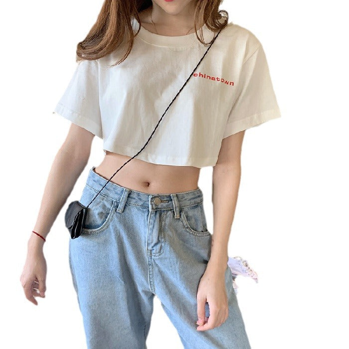 Korean Style Student Lazy Bf Loose Printed Personalized Hong Kong Style Short Midriff Outfit Top