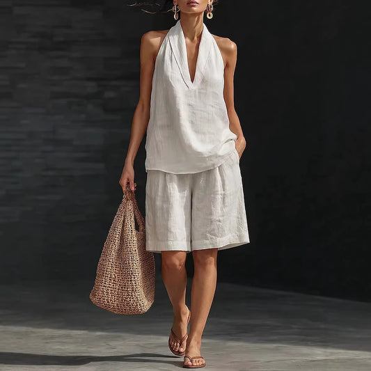 Cotton And Linen Casual Vest And Shorts Set For Women