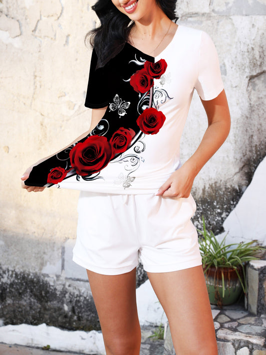 Elegant V-neck Rose Butterfly Printed Short Sleeved T-shirt