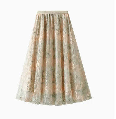 High Waisted Slim Mid Length Westernized Drape Yarn A-line Skirt