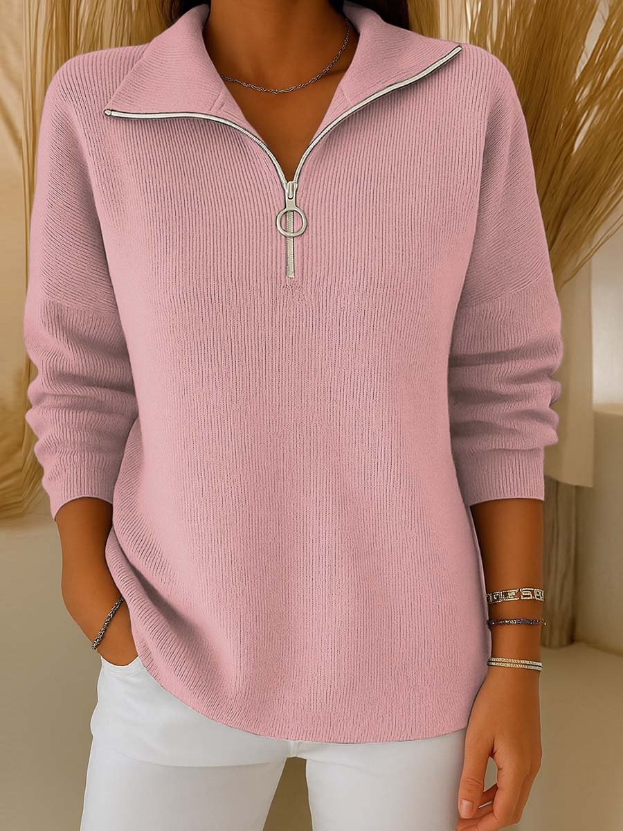 Casual Loose Half-open Collar Zipper Solid Color Women's Sweater