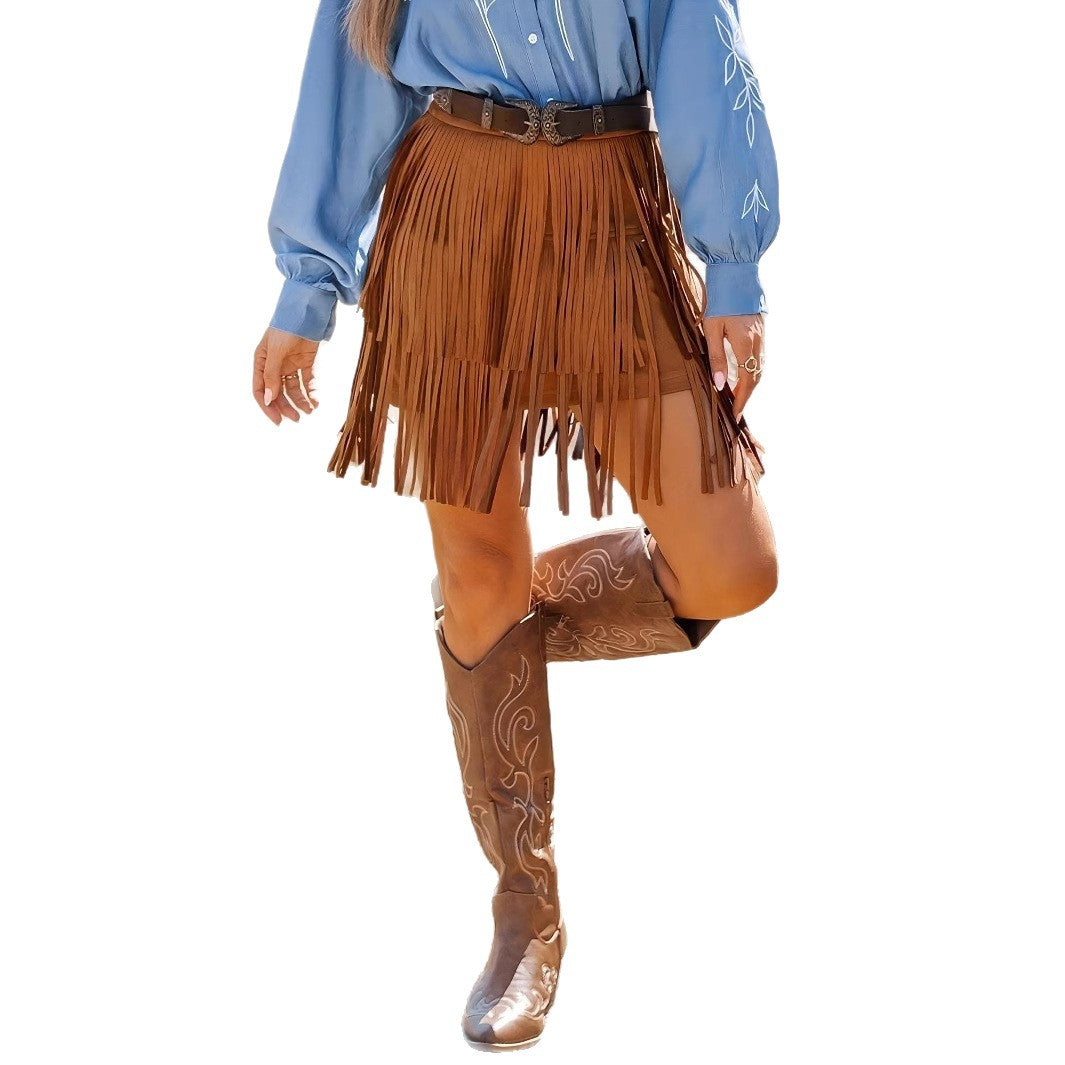 Retro-style Mesh Tassel Skirt Womens Elegant Short