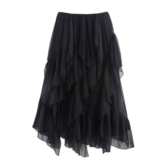 European And American-style Summer Womens Mid-length Ruffled Hem Skirt