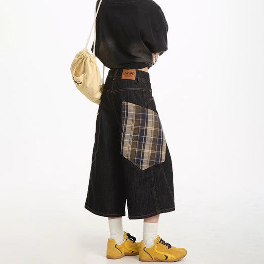 Plus Size Retro Plaid Stitching Machete Denim Shorts