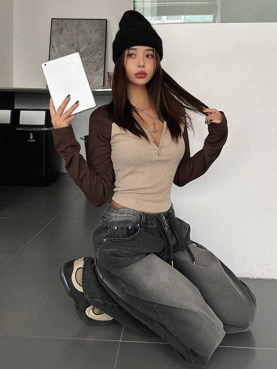 Knitted Texture With A Bold Maillard Reaction Color Blockspicy Girl-power Top