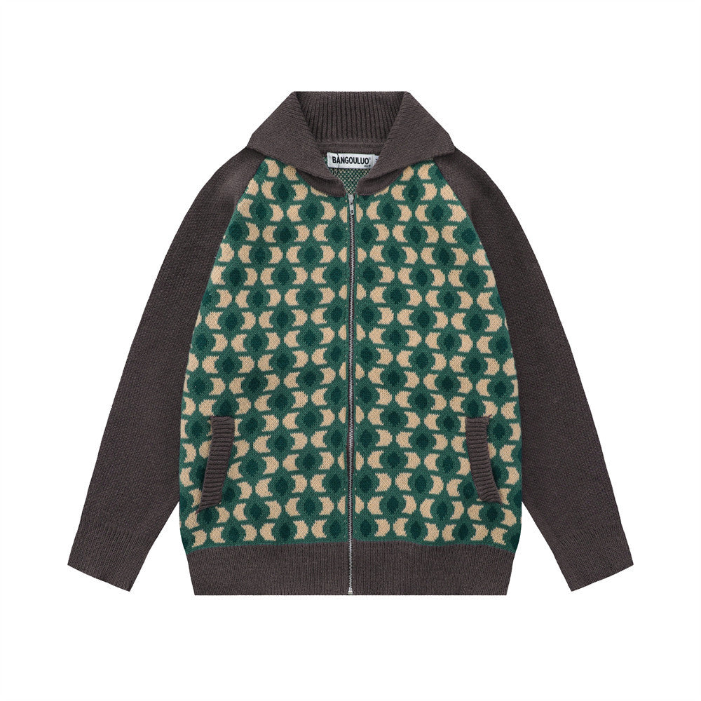 HoodieStreet Trend Contrast Patchwork Raglan Sleeve Hooded Knit Cardigan