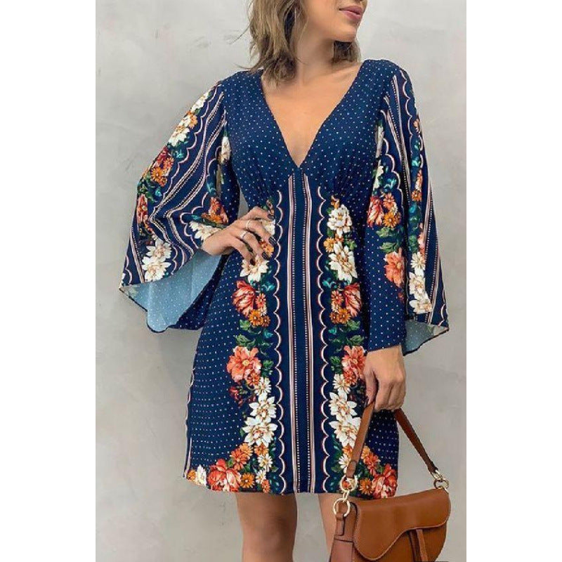 Womens V-neck Backless Long-sleeve Dress