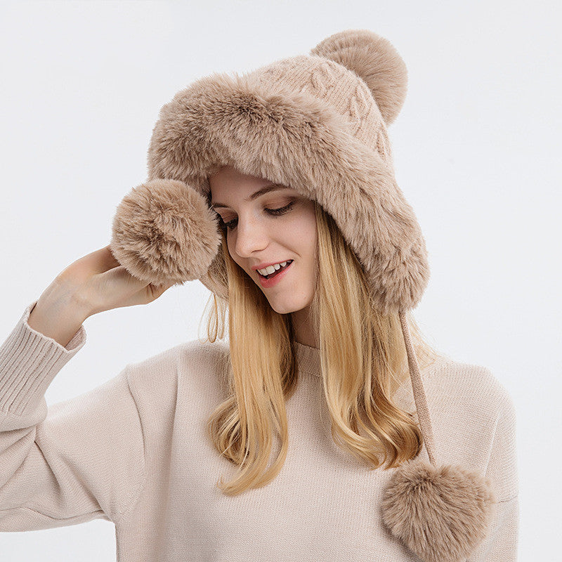 Three Fur Balls Outdoor Thickening And Fleece Cold Proof Warm Solid Color Knitted Hat