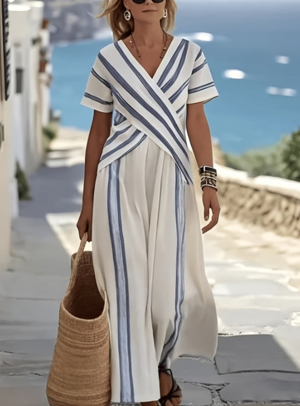 Cross-V-neck Striped Floral Long Skirt