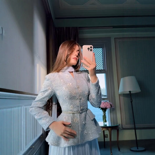 Chanel-style Pearl And Butterfly Jacket With Pleated Skirt Set
