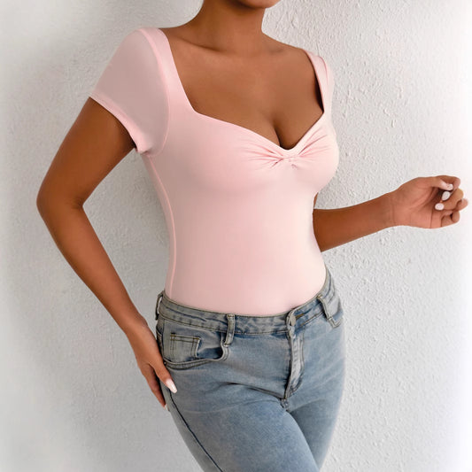 Mode V-udskæring Tætsiddende Hot Girl Kortærmet Bodysuit