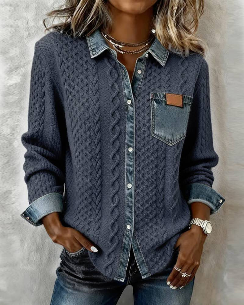 Women's Fashion Knit-and-jean Patchwork Shirt For Fall And Winter
